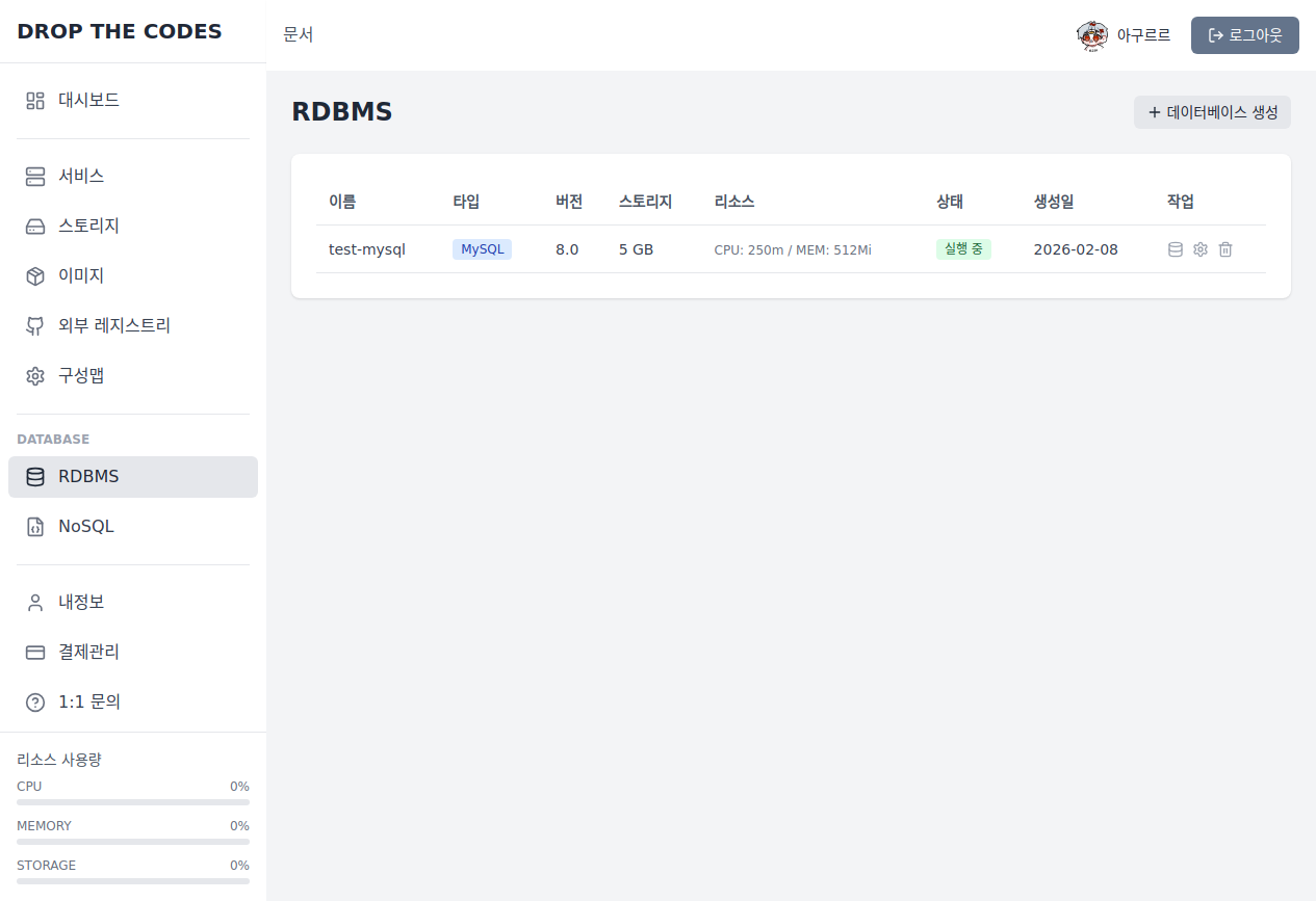 RDBMS 관리 화면
